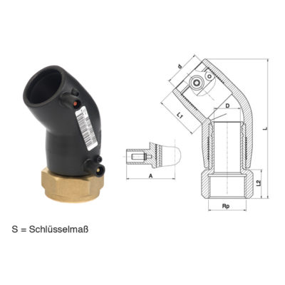 Übergangswinkel 45° IG Messing, PE 100